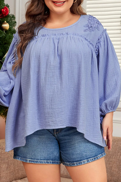 Beau Blue Plus Size Crochet Bracelet Sleeve Babydoll Blouse - Chic Meadow Boutique 