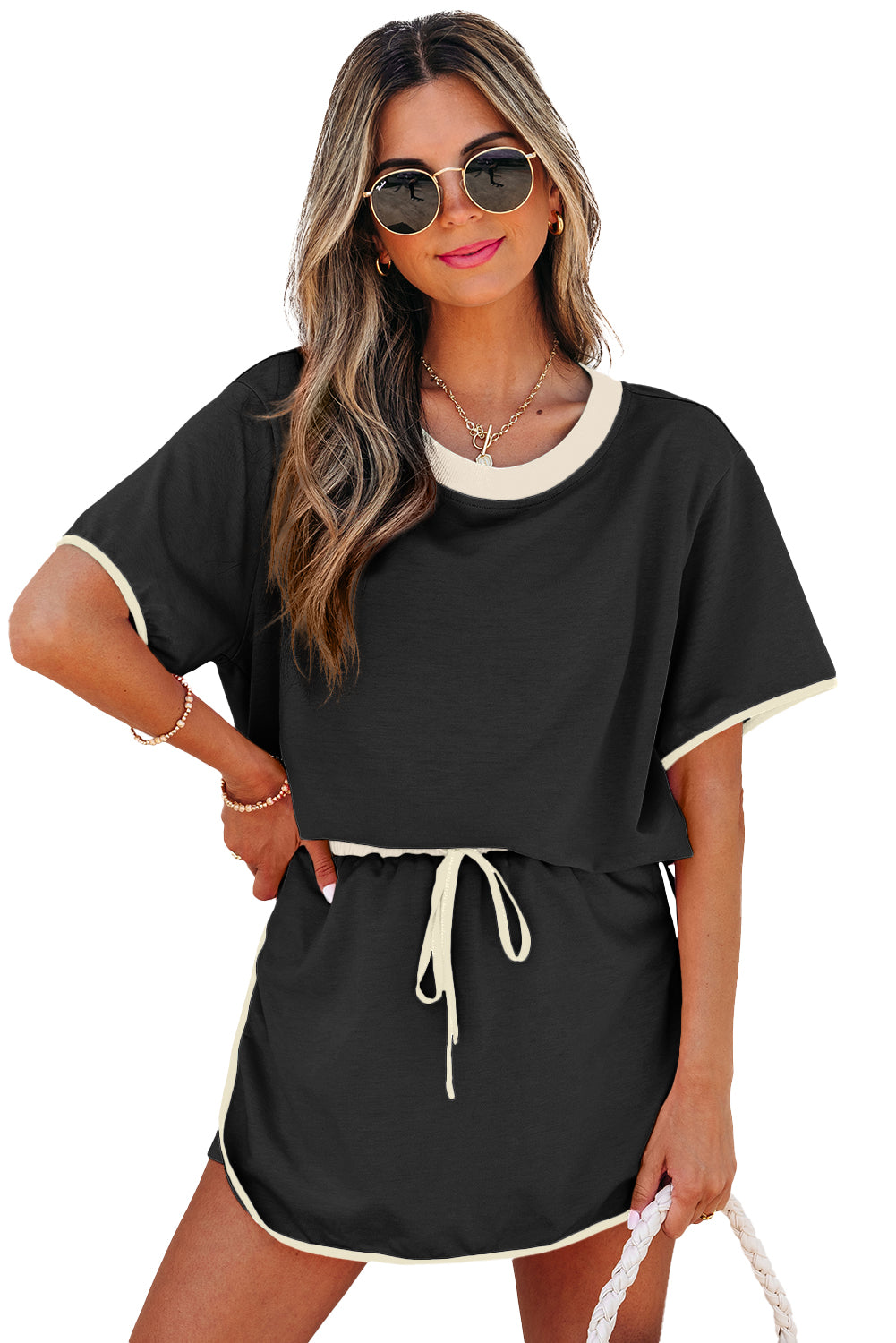 Black Colorblock Edge Drop Shoulder T Shirt and Skort 2Pcs Set