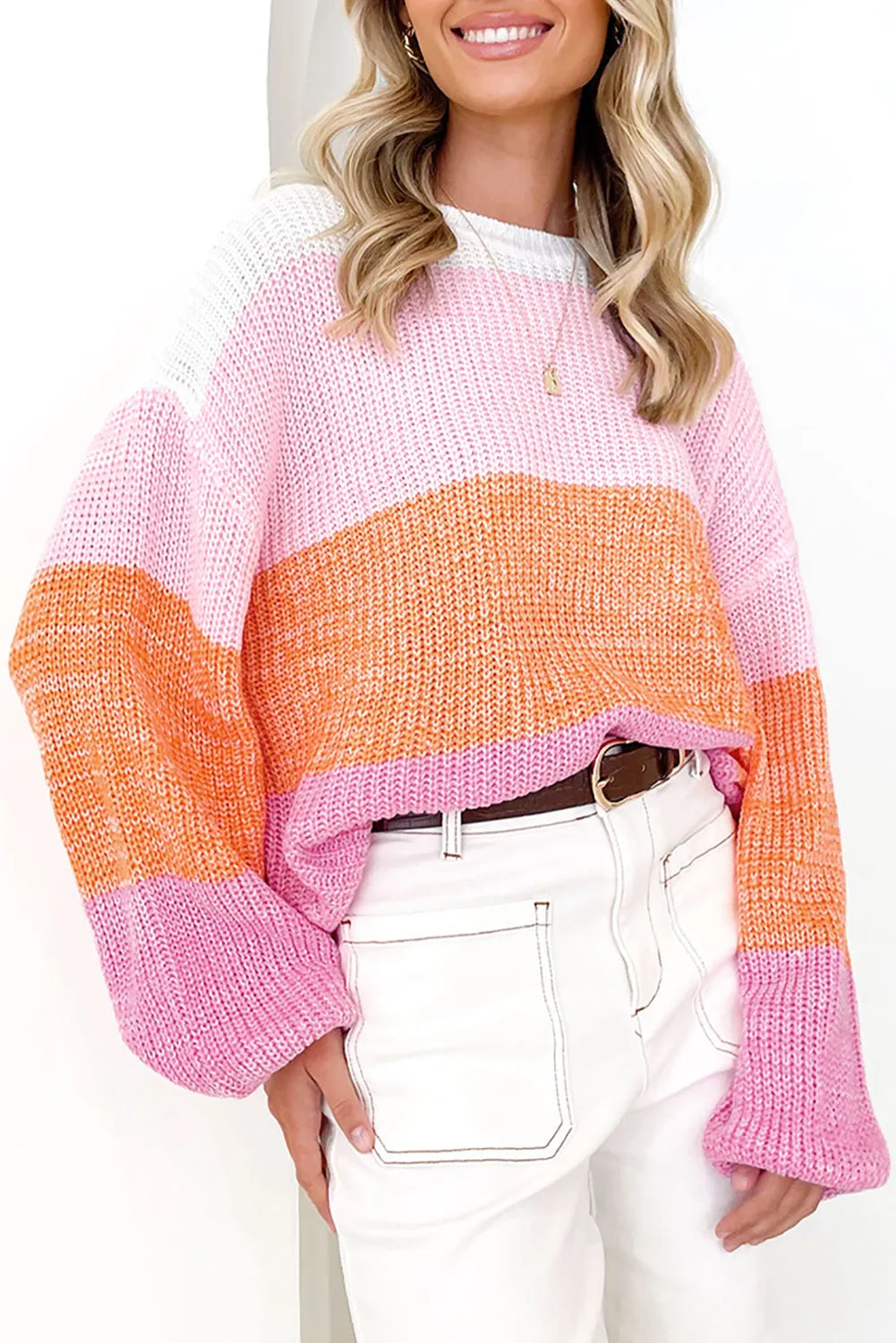 Pink Colorblock Drop Shoulder Pullover Loose Sweater - Chic Meadow Boutique 