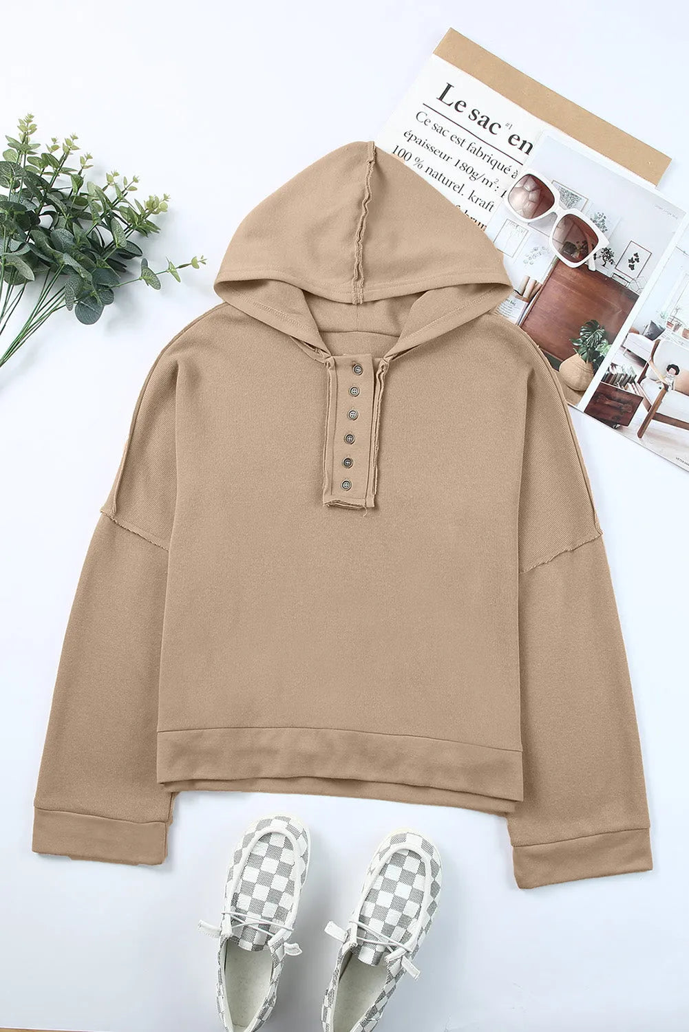 Khaki Casual Button Solid Patchwork Trim Hoodie - Chic Meadow Boutique 