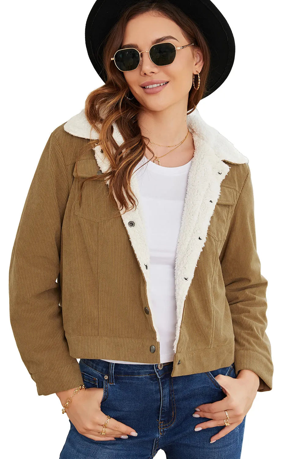 Khaki Corduroy Sherpa Snap Button Flap Jacket - Chic Meadow Boutique 