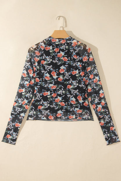Black Floral Print Mesh Long Sleeve Stand Neck Pullover Top