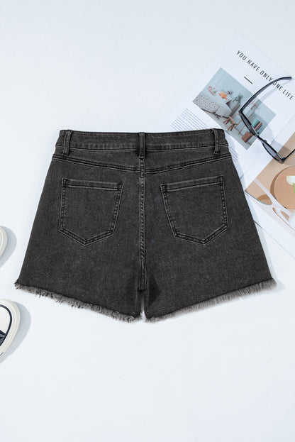 Carbon Grey Raw Hem High Waist Denim Shorts