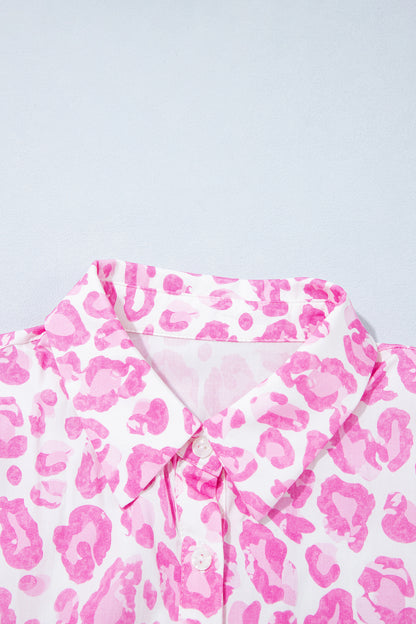 Pink Abstract Leopard Print Tie Waist Puff Sleeve Mini Shirt Dress