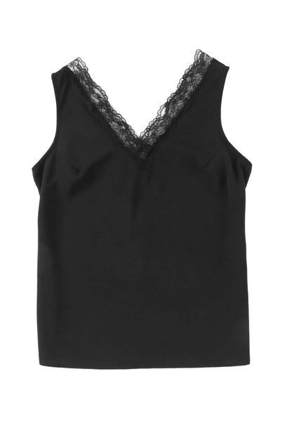 Black Lace Splicing Open Back V Neck Tank Top - Chic Meadow Boutique 