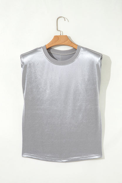 Silvery Metallic Luster Crew Neck Shift Tank Top