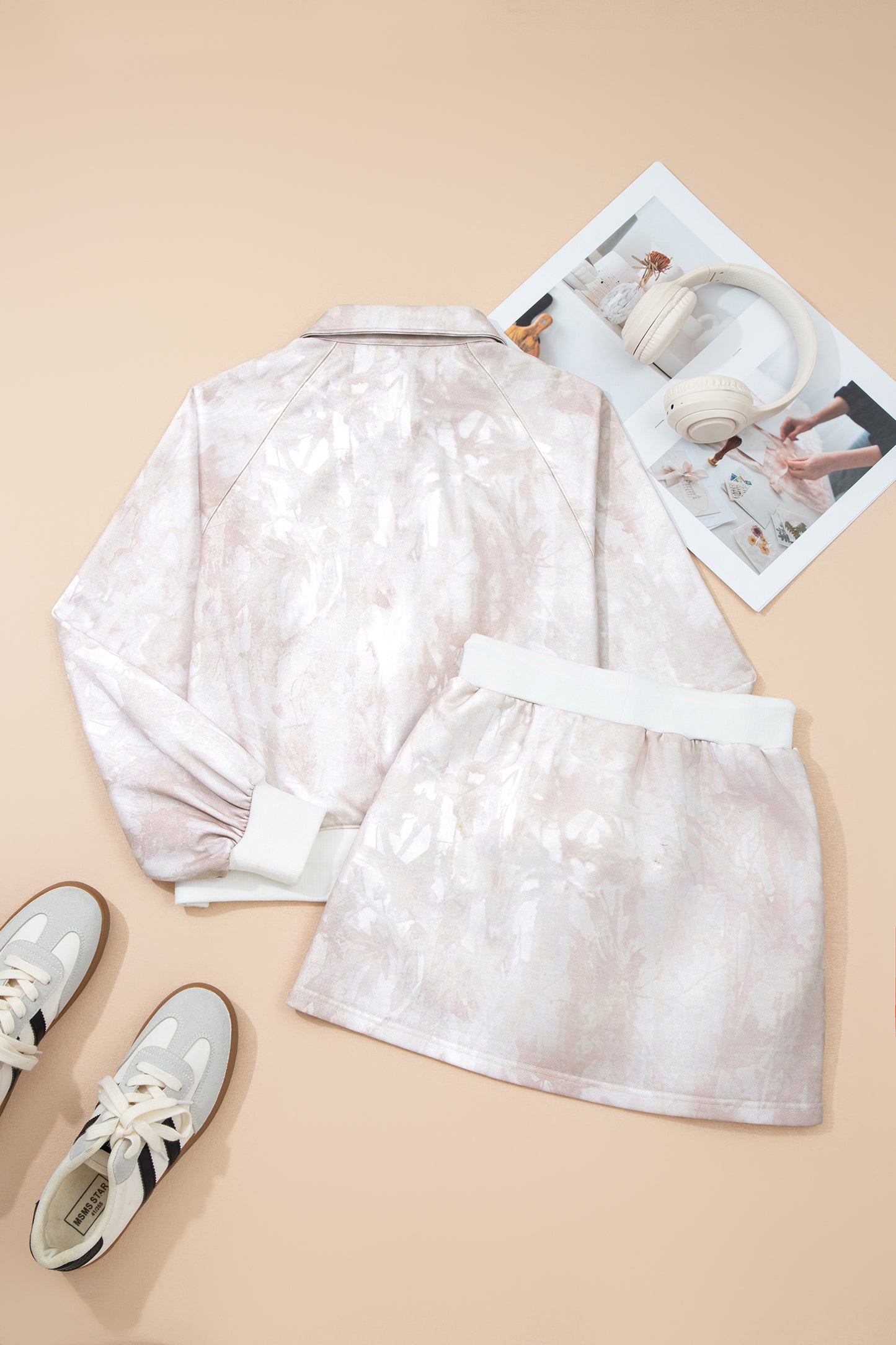 White Abstract Woodland Print Balloon Sleeve Pullover Drawstring Mini Skirt Set