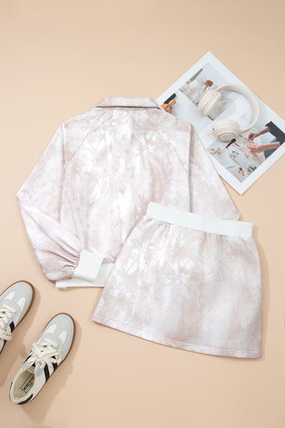 White Abstract Woodland Print Balloon Sleeve Pullover Drawstring Mini Skirt Set