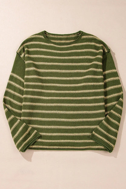 Green Stripe Drop Shoulder Casual Sweater - Chic Meadow Boutique 