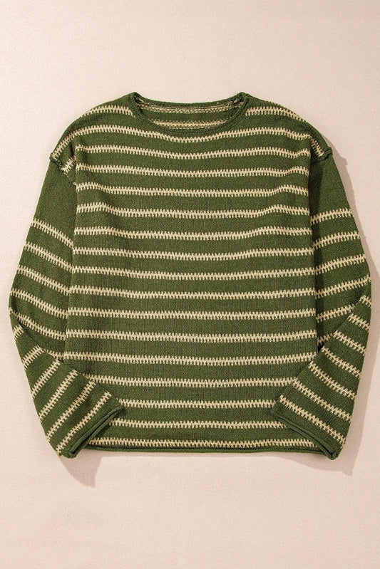 Sweaters & Cardigans/Sweaters Green Stripe Drop Shoulder Casual Sweater