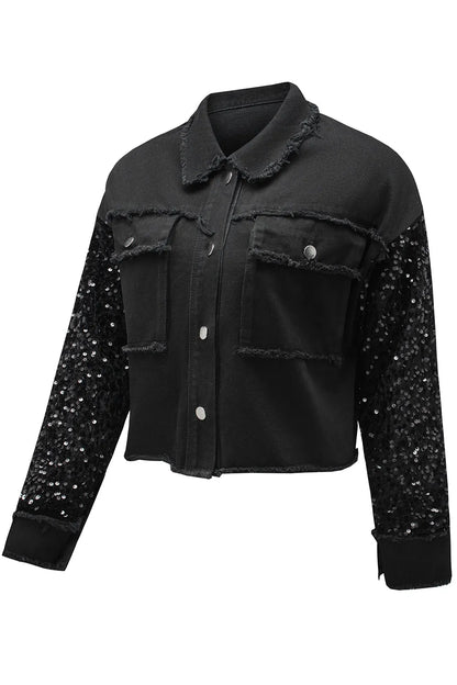 Black Sequin Sleeve Pocketed Raw Hem Denim Jacket - Chic Meadow Boutique 