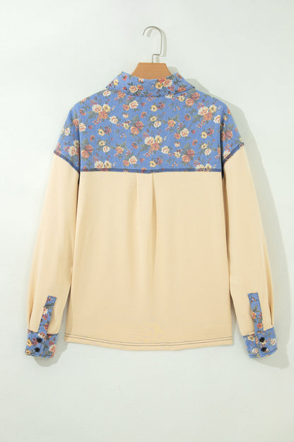 Apricot Floral Denim Patchwork Collar V Neck Long Sleeve Pullover Top