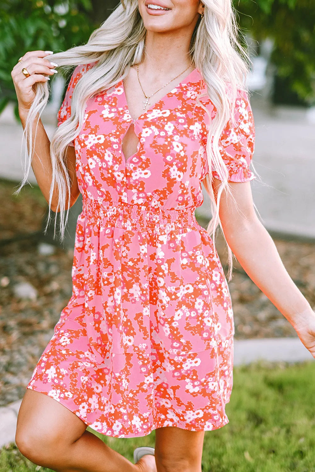 Pink Floral V Neck Short Ruffle Tiered Dress - Chic Meadow Boutique 