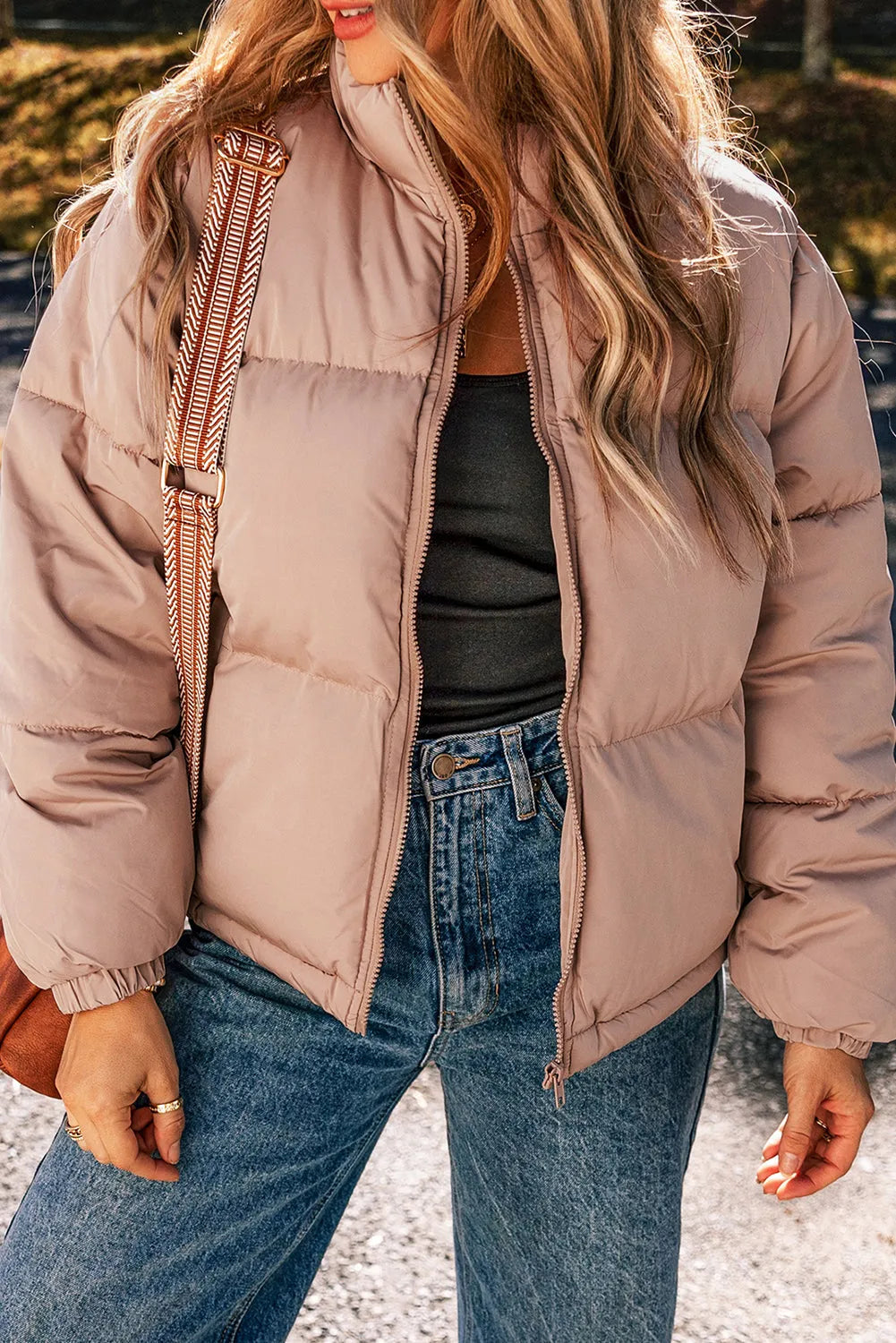 Apricot Pink Full Zipper Quilted Puffer Jacket - Chic Meadow Boutique 