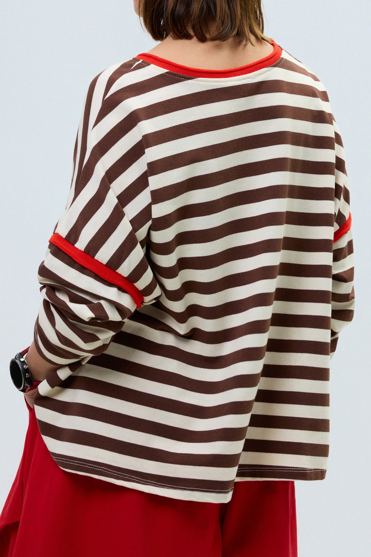 Brown Stripe Casual Long Sleeve Contrast Trim Round Neck Shift Top