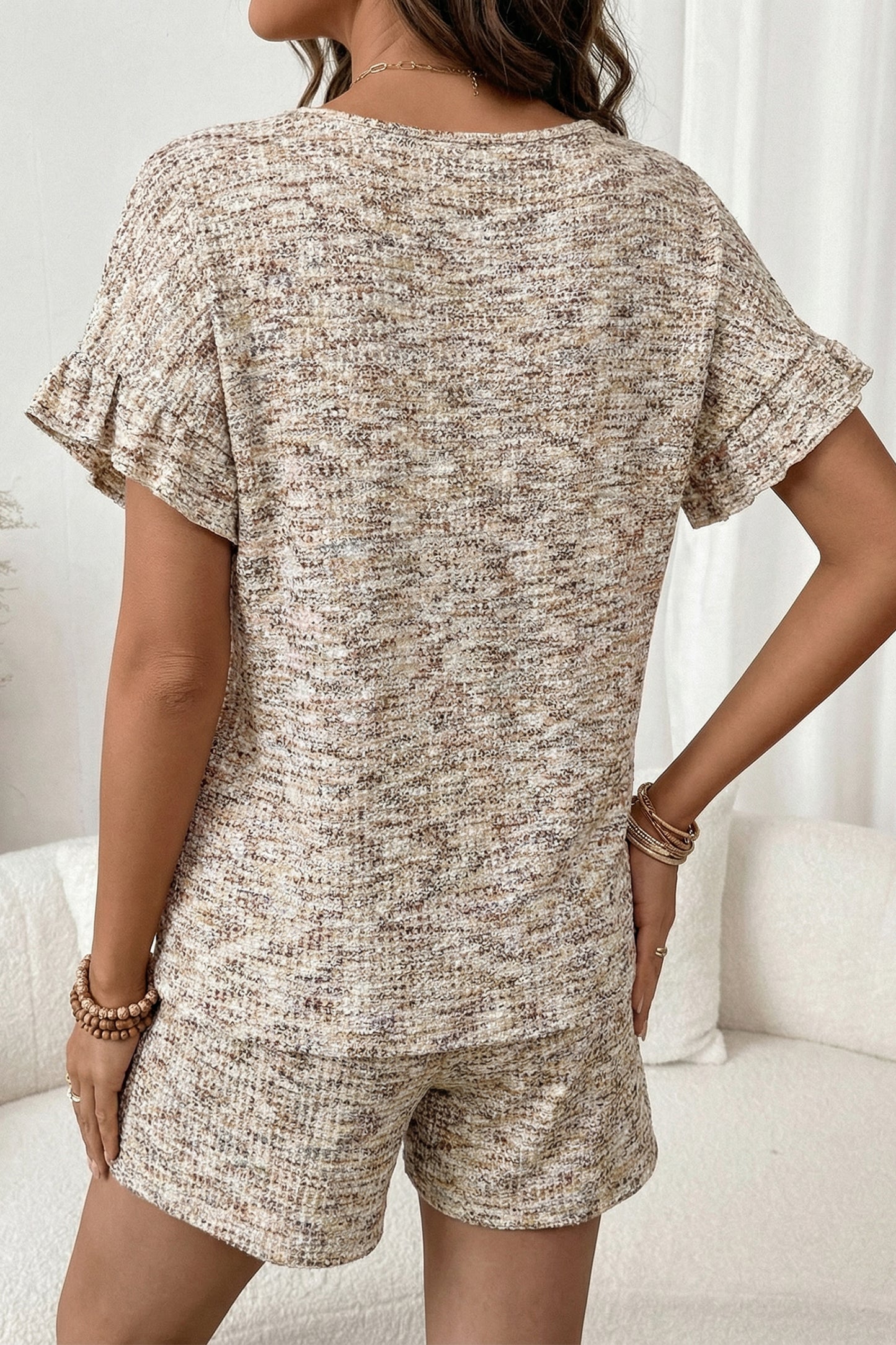 Pale Khaki Heather Textured Ruffle Sleeve Top and Drawstring Shorts Set