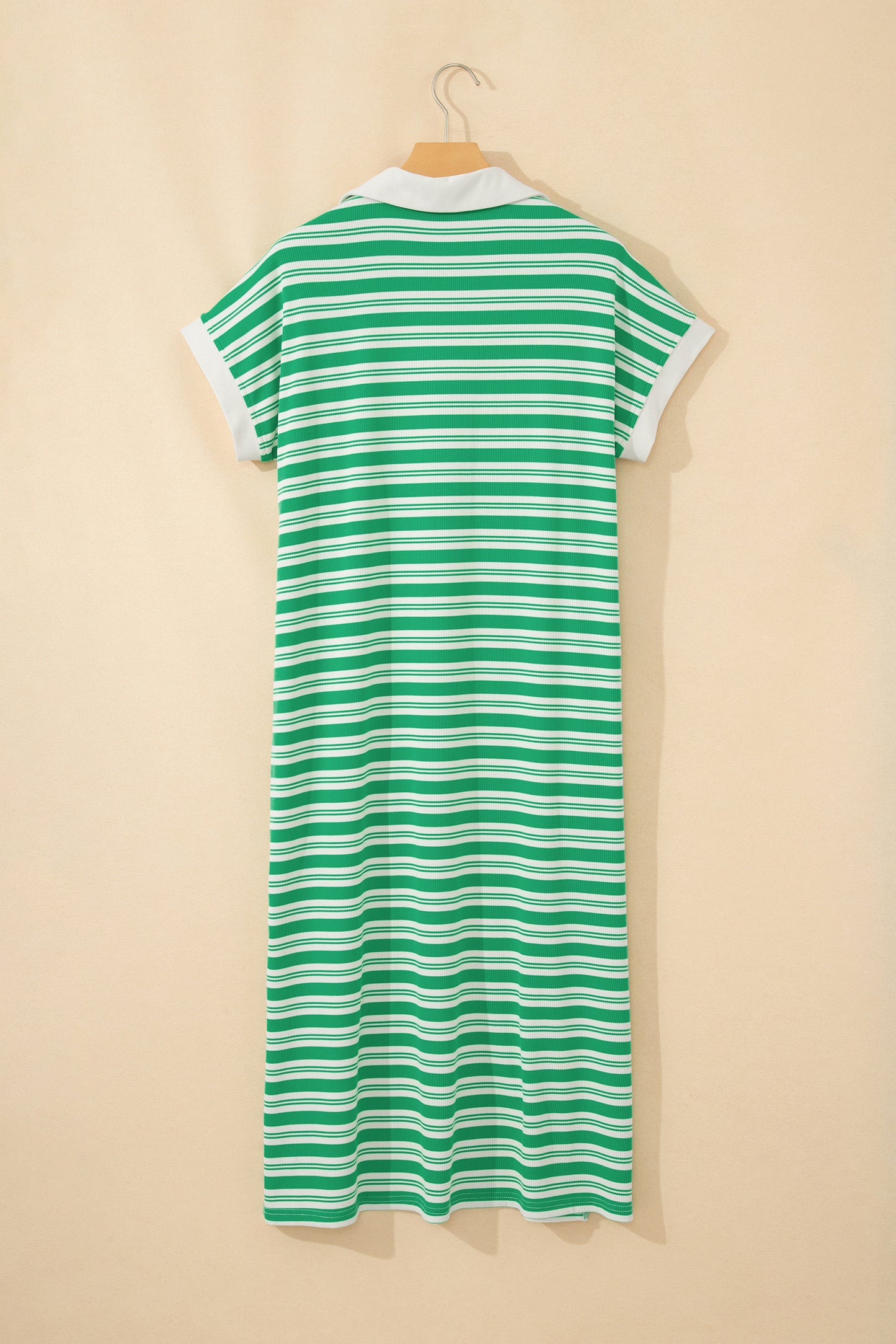 Green Stripe Collared V Neck Short Sleeve T Shirt Midi Dress with Pockets
