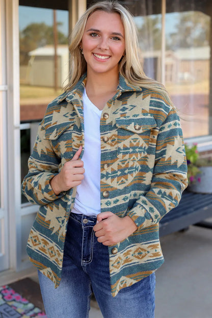 Blue Western Aztec Print Button Flap Pocket Shacket - Chic Meadow Boutique 