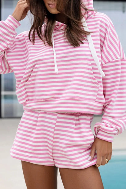 Pink Stripe Kangaroo Pocket Hoodie and Wide Leg Shorts Set - Chic Meadow Boutique 