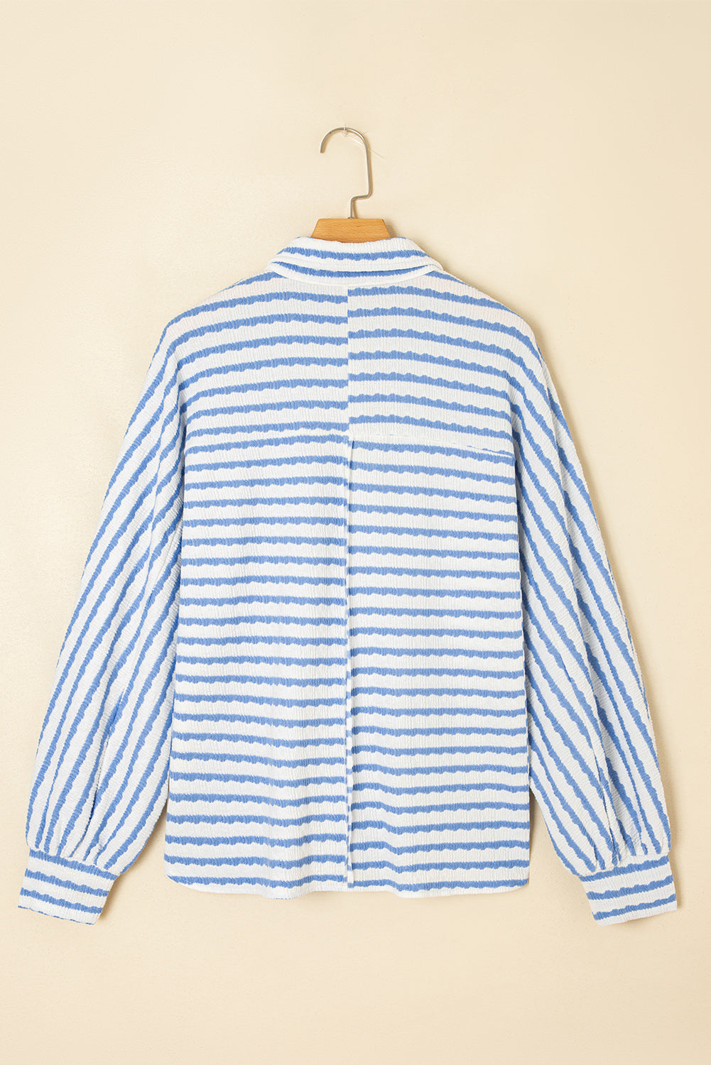 Sky Blue Stripe Half Button Collared Chest Pockets Loose Fit Blouse