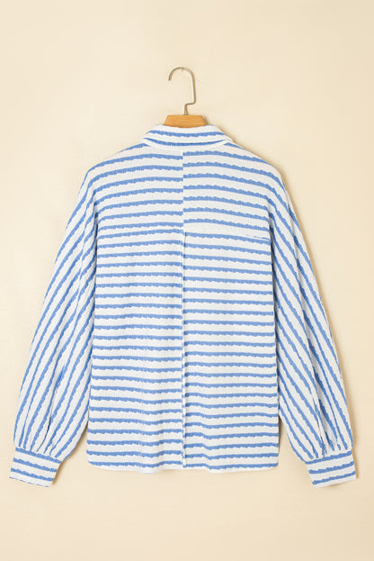 Sky Blue Stripe Half Button Collared Chest Pockets Loose Fit Blouse