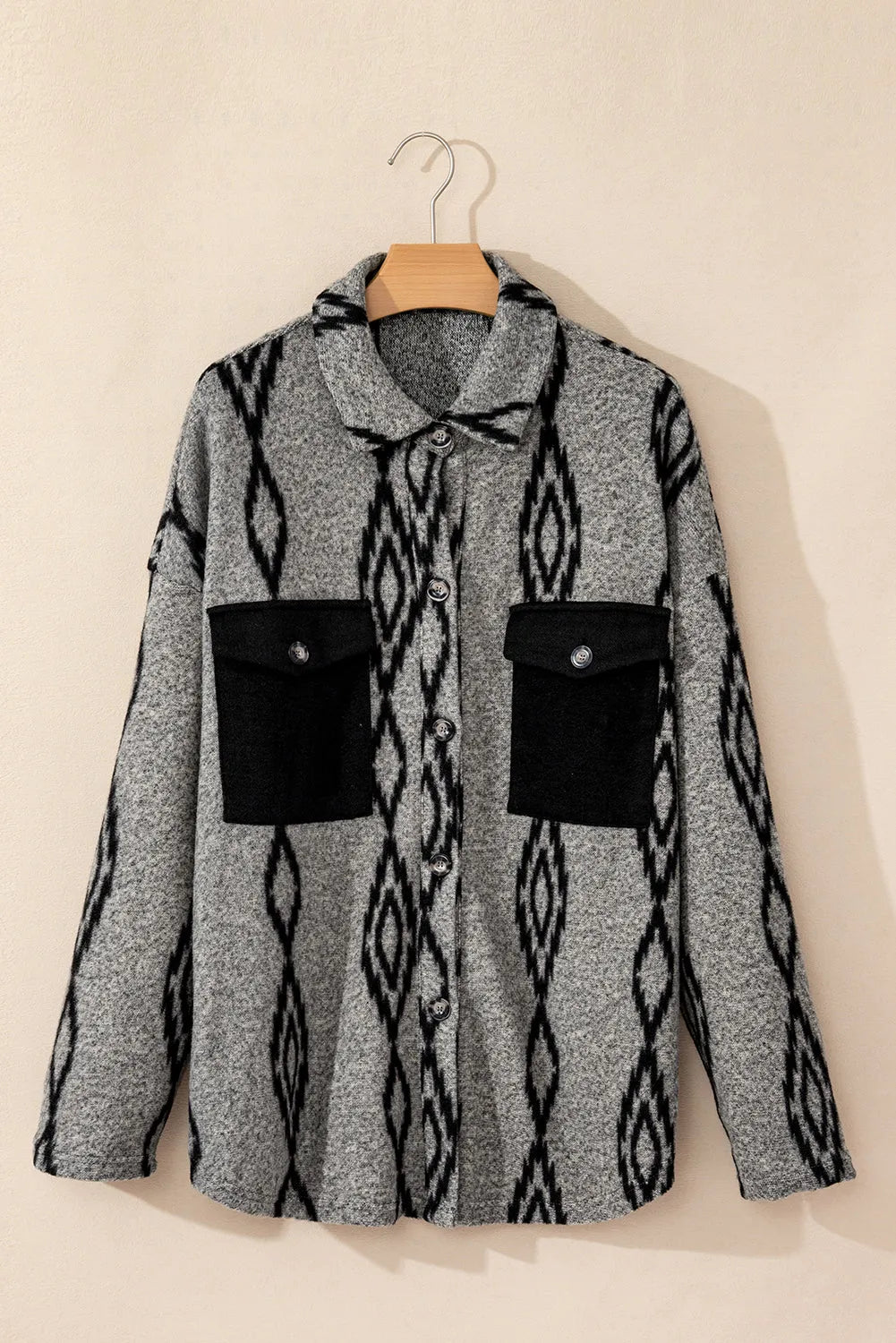 Gray Aztec Contrast Chest Pockets Loose Shacket - Chic Meadow Boutique 