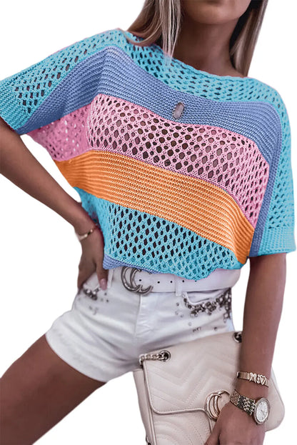 Sky Blue Knitted Eyelet Colorblock Striped Half Sleeves Top - Chic Meadow Boutique 