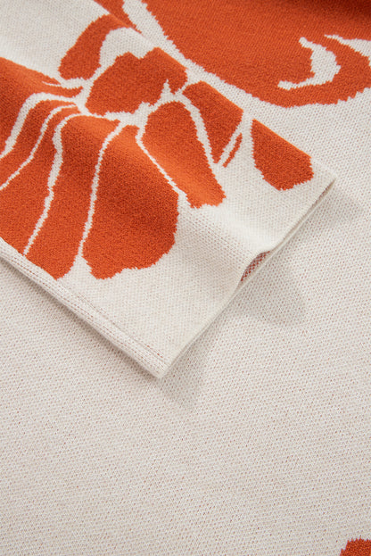 Beige Bold Flower Pattern Wide Sleeve Baggy Sweater