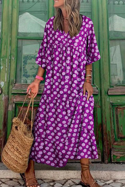 Purple Boho Printed Puff Sleeve Maxi Dress - Chic Meadow Boutique 