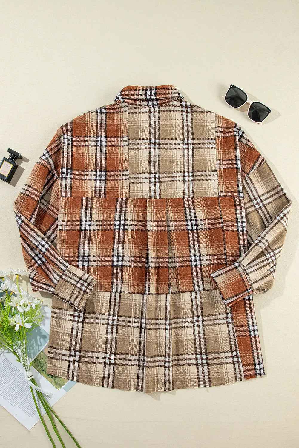 Khaki Plaid Colorblock Patchwork High Low Shacket - Chic Meadow Boutique 