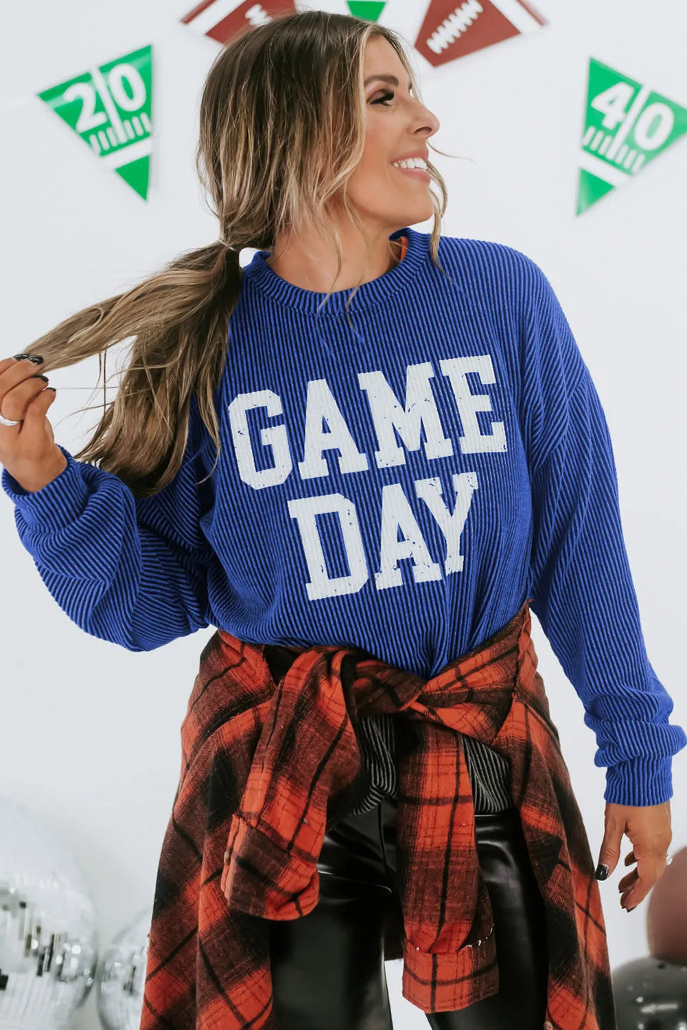 Bluing Corded GAME DAY Graphic Long Sleeve Crewneck Top - Chic Meadow Boutique 