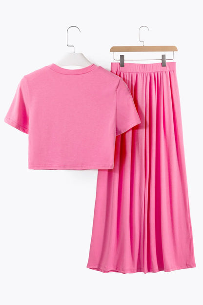 Strawberry Pink Slim Fit Crop Top and Pleated Wide Leg Pants Set - Chic Meadow Boutique 