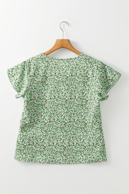 Green Boho Floral V Neck Wrap Short Sleeve Blouse