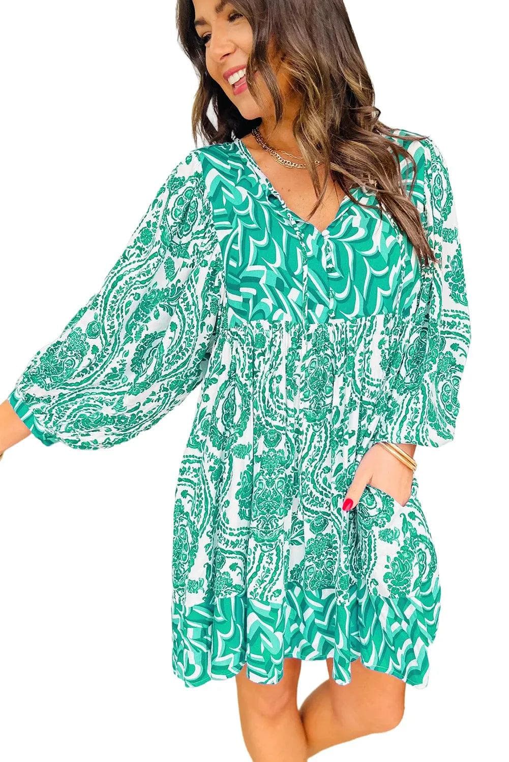 Green Bohemian Print Puff Sleeve Tied V Neck Flared Mini Dress - Chic Meadow Boutique 