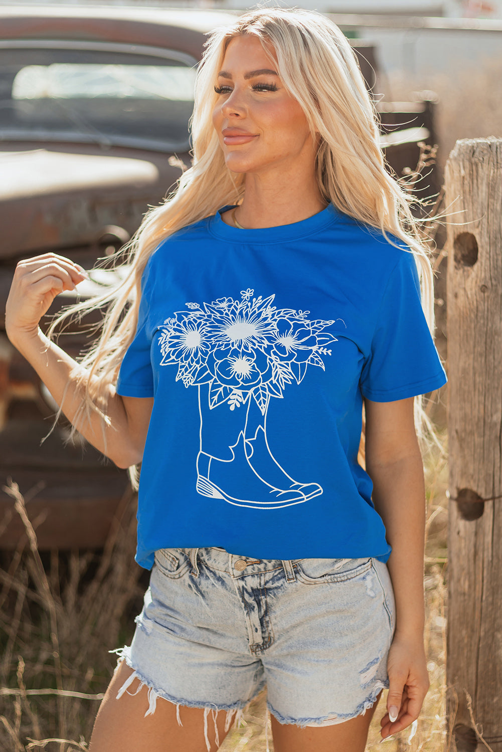 Blue Sunflower Boots Graphic Western Fashion T Shirt