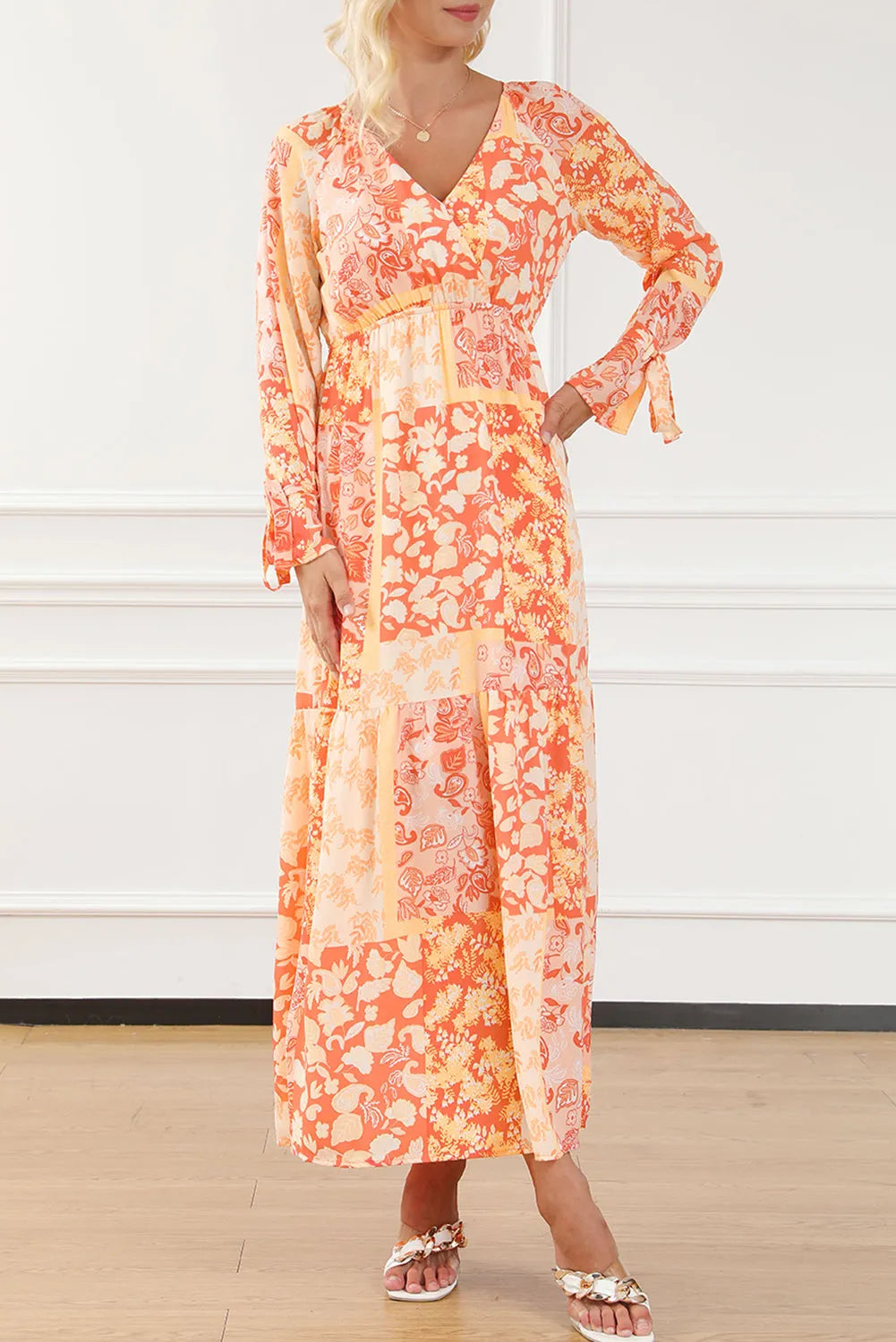 Orange Boho Floral Wrap V Neck Tie Long Sleeve Dress - Chic Meadow Boutique 