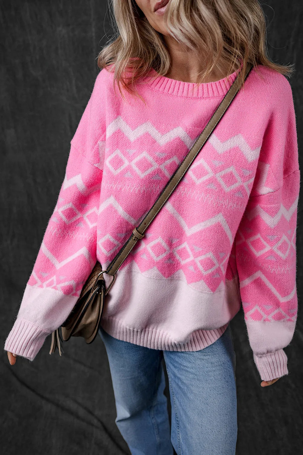 Pink Western Aztec Geometric Drop Shoulder Sweater - Chic Meadow Boutique 