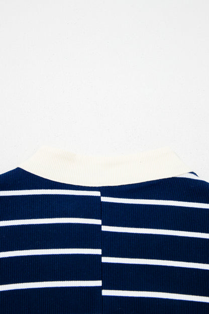 Blue Stripe Stand Collar V Neck Elastic Cuffs Half Sleeve Dolman Top