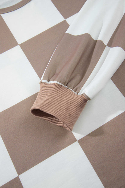 Khaki Checkerboard Plaid Long Sleeve Solid Color Shorts 2pcs Set