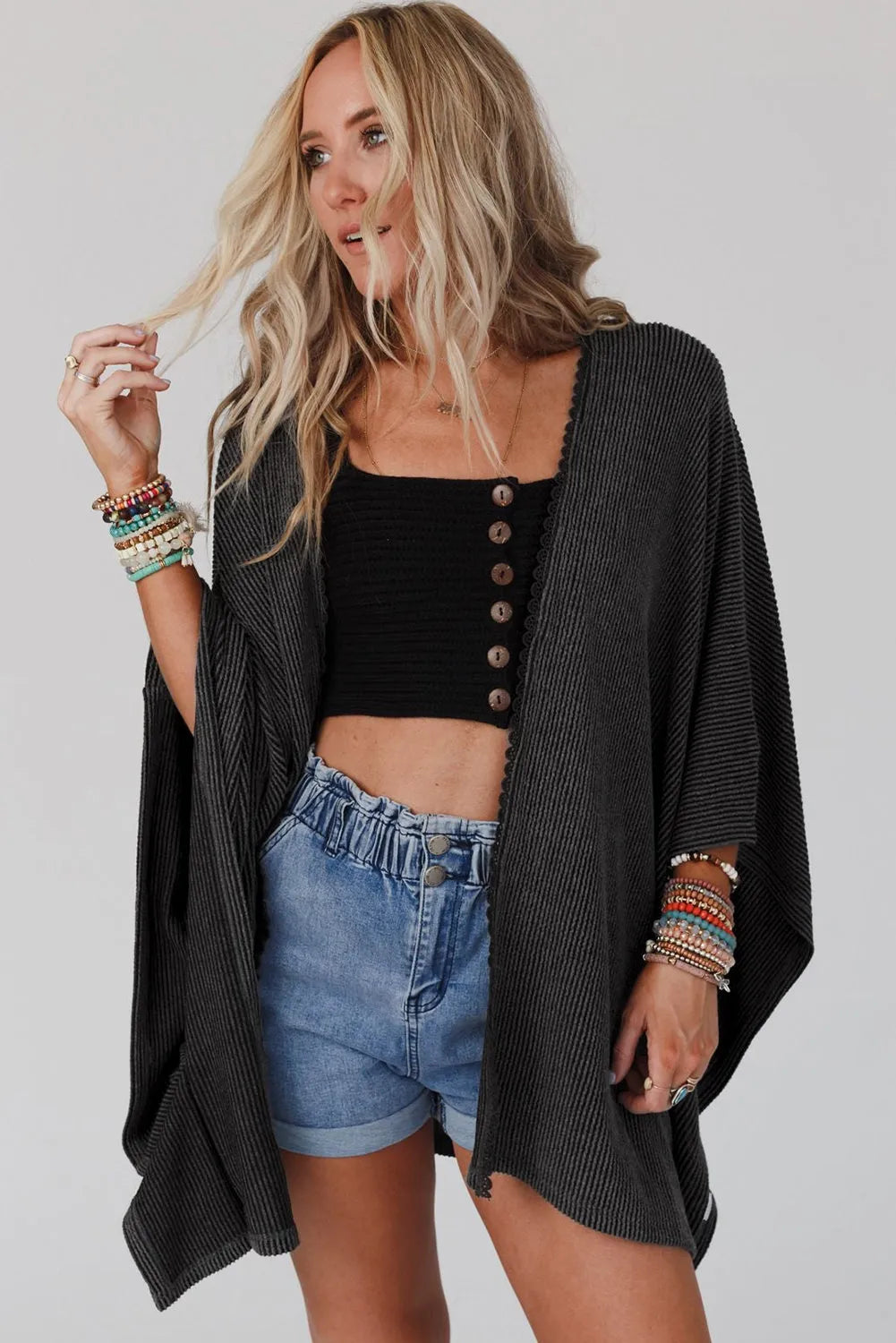 Black Lace Trim Ribbed Oversize Kimono - Chic Meadow Boutique 