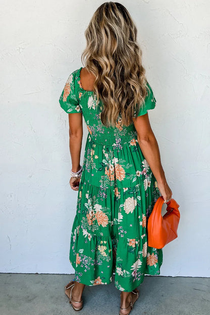 Green Floral Print Bubble Sleeve Smocked Tiered Midi Dress - Chic Meadow Boutique 