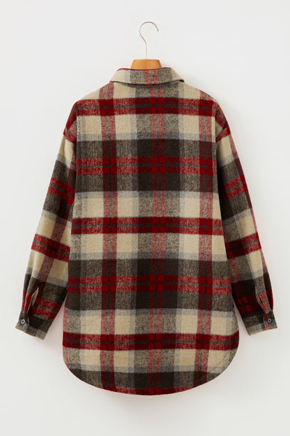 Red Brushed Plaid Buttoned Front Side Slit Tunic Shacket