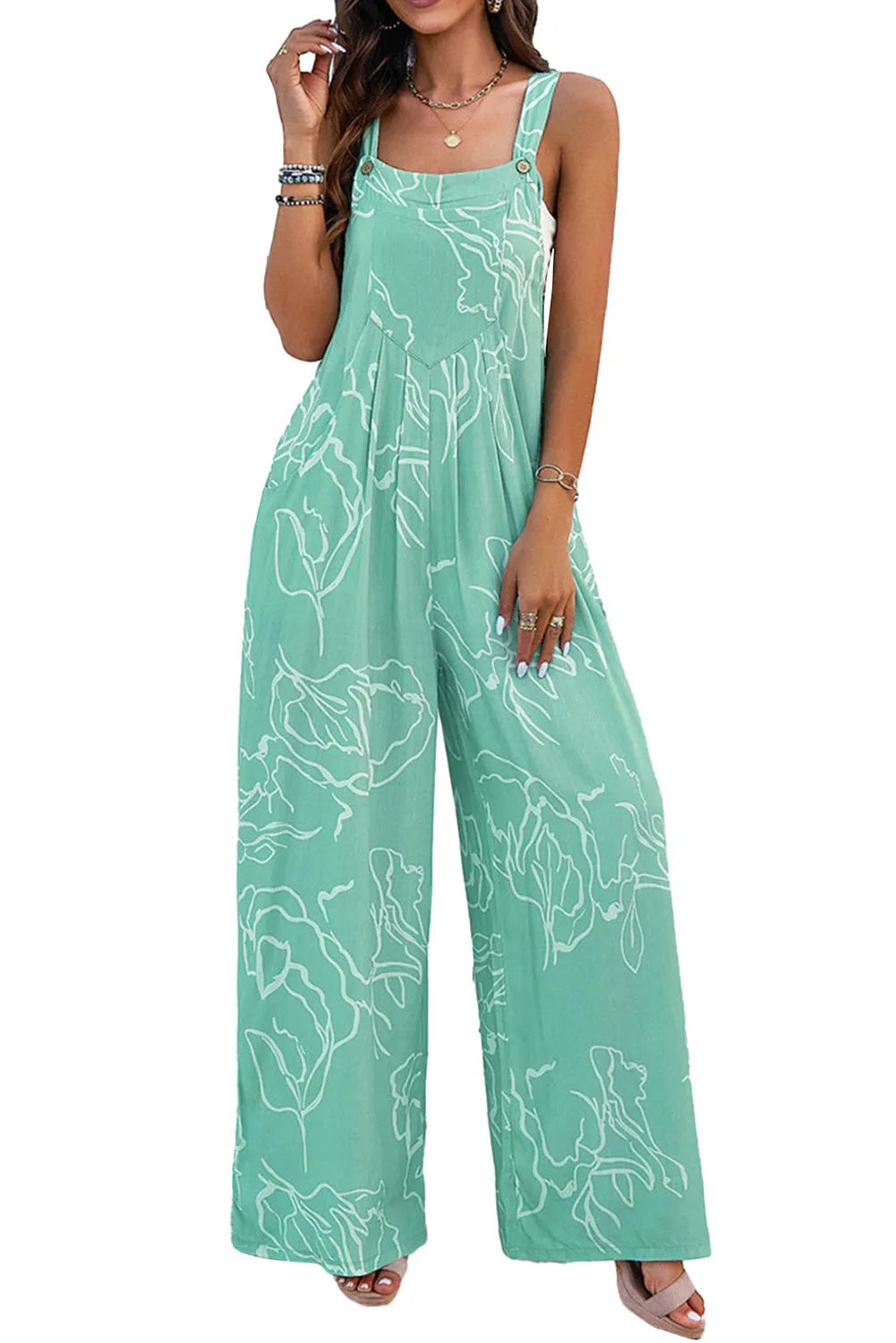 Moonlight Jade Printed Bib Wide Leg Overalls - Chic Meadow Boutique 