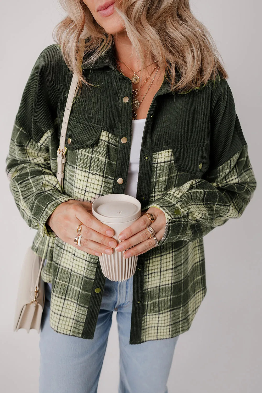 Blackish Green Snap Buttons Colorblock Plaid Shacket - Chic Meadow Boutique 