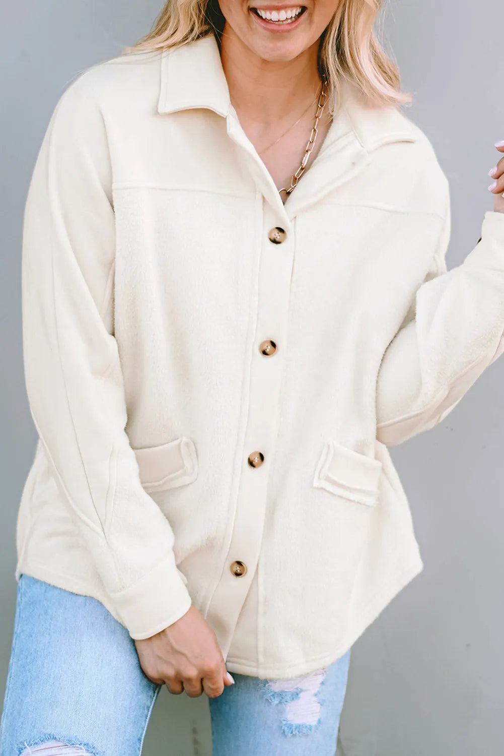 Beige Button-Up Stitching Pocket Raw Hem Shacket - Chic Meadow Boutique 