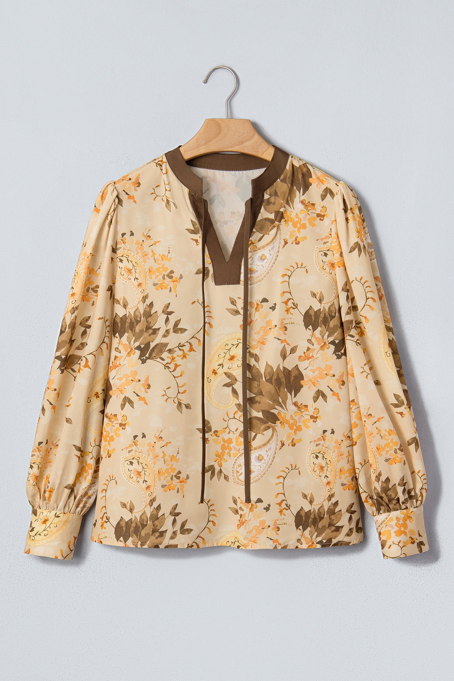 Khaki Paisley Print Tie Neck Long Sleeve Blouse