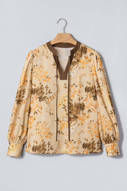 Khaki Paisley Print Tie Neck Long Sleeve Blouse