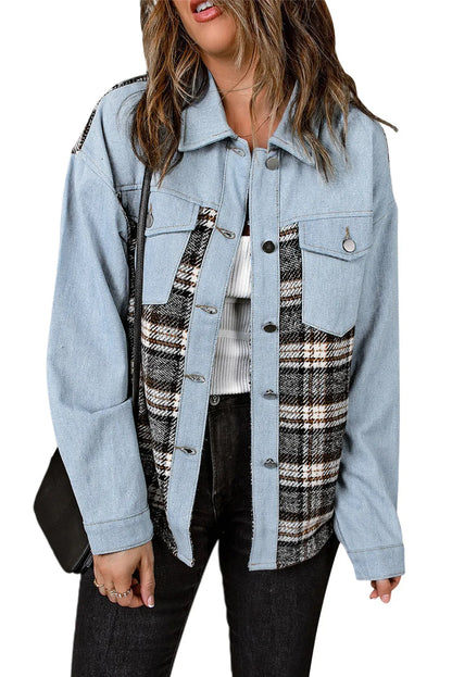 Sky Blue Plaid Patchwork Raw Hem Denim Jacket - Chic Meadow Boutique 