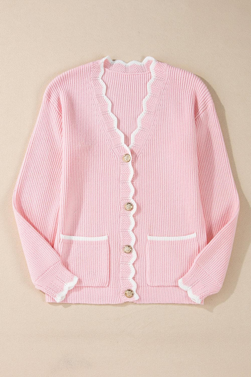 Sweaters & Cardigans/Cardigans Pink Ribbed Knit Scalloped Edge Side Pockets Buttoned Cardigan