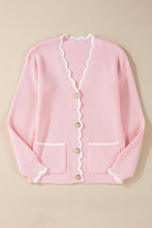 Sweaters & Cardigans/Cardigans Pink Ribbed Knit Scalloped Edge Side Pockets Buttoned Cardigan